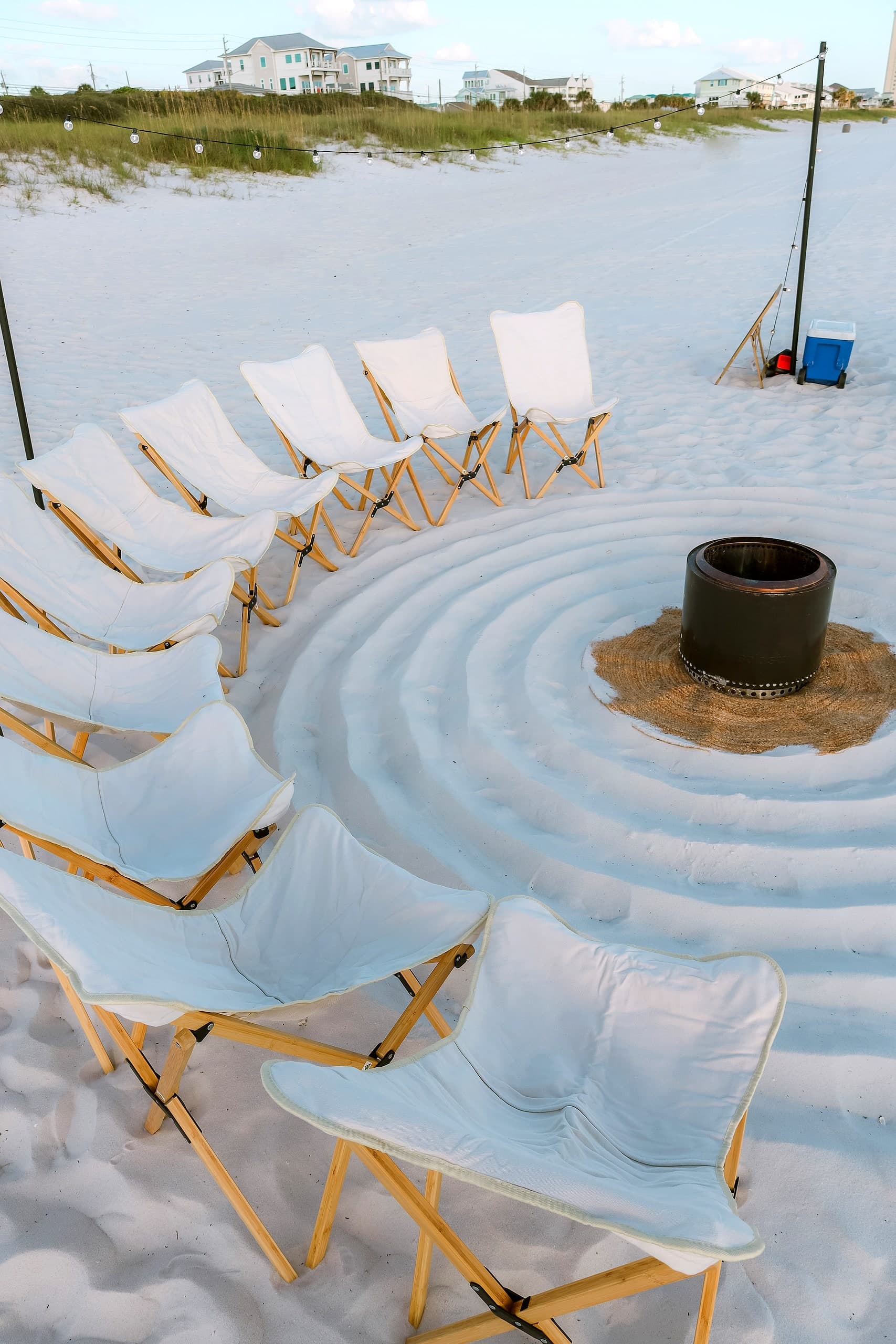 High-angle view of the styled chair circle around the Solo Stove fire